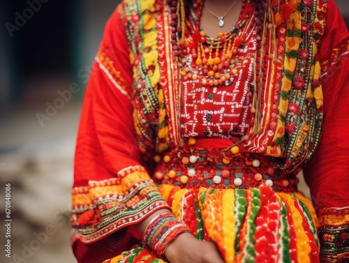Traditional dress from Himachal Pradesh, with vibrant colors and patterns. Without a face.
