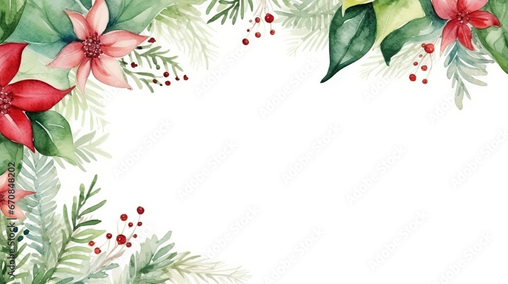 Christmas border with fir branches and flowers on white background. Watercolor Christmas and New Year background