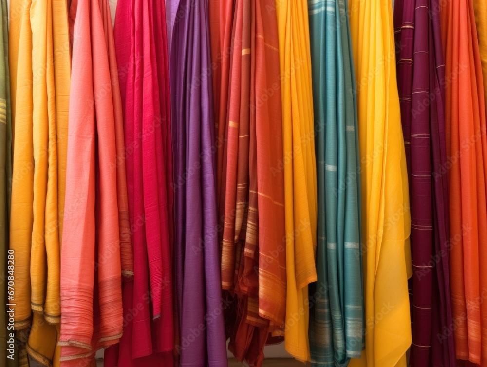 A collection of bright and colorful Indian fabrics that hang on hangers. Textile shop. A collection of bright and colorful Indian fabrics that hang on hangers. Textile shop.