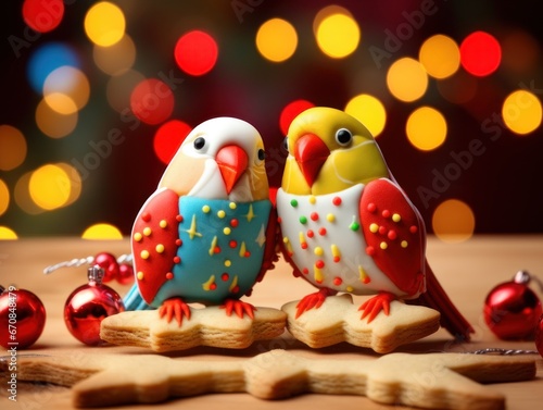 Two biscuits in the form of bright parrots. A sweet treat for Christmas. Blurred bright background.