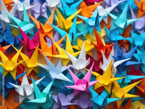 Colorful origami in the form of a cranes representing peace and hope. Background.