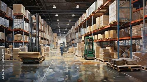Within a busy retail warehouse, the shelves are brimming with cartons, forklifts are in motion