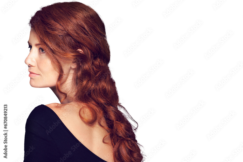 Beauty, hair and profile of ginger woman with curls on isolated, png and transparent background. Salon, haircare and face of redhead female model with healthy texture, natural hairstyle and cosmetics Beauty, hair and profile of ginger woman with curls on isolated, png and transparent background. Salon, haircare and face of redhead female model with healthy texture, natural hairstyle and cosmetics