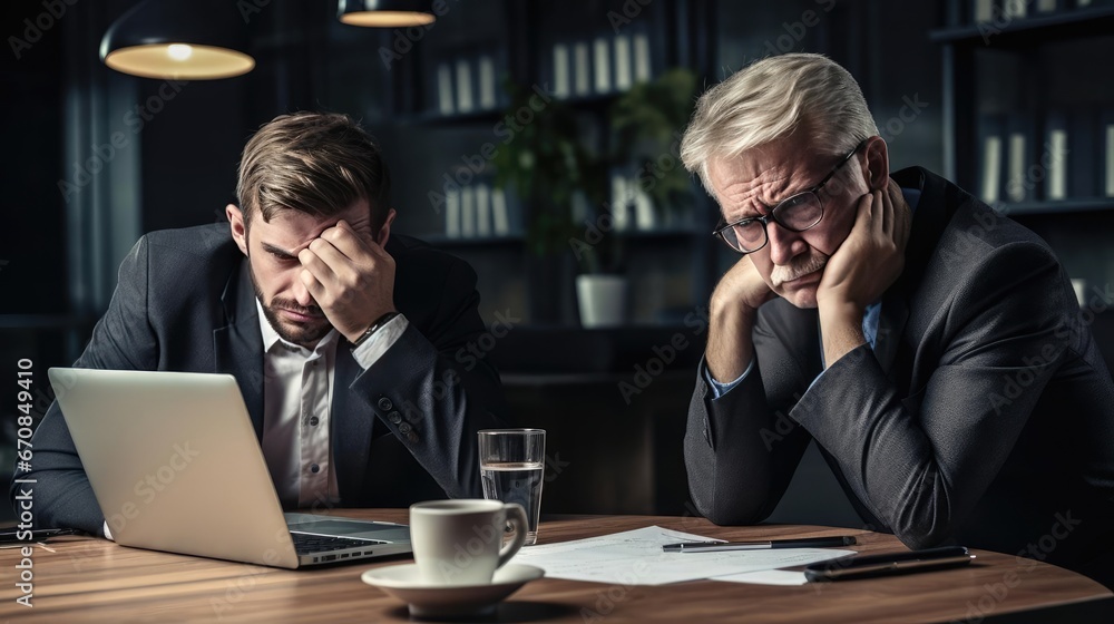 Two employees sit sad