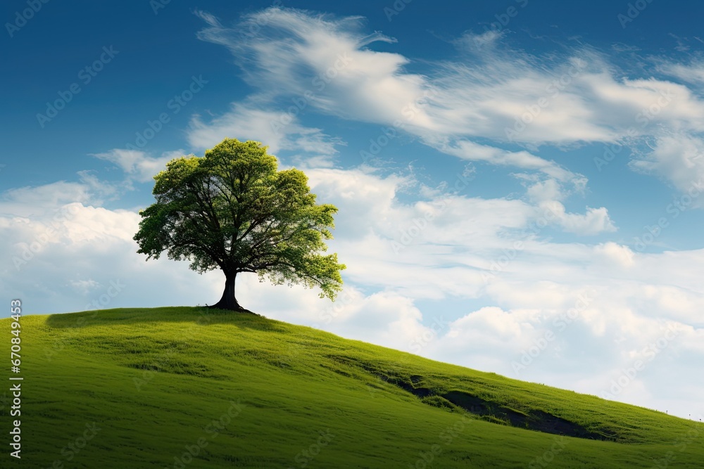 Tranquil solitude. Green landscape with trees and sunny meadows. Nature serenity. Peaceful tree lined meadow under clear sky. Rural tranquility. Sunlit with verdant and fields