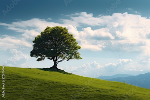 Tranquil solitude. Green landscape with trees and sunny meadows. Nature serenity. Peaceful tree lined meadow under clear sky. Rural tranquility. Sunlit with verdant and fields