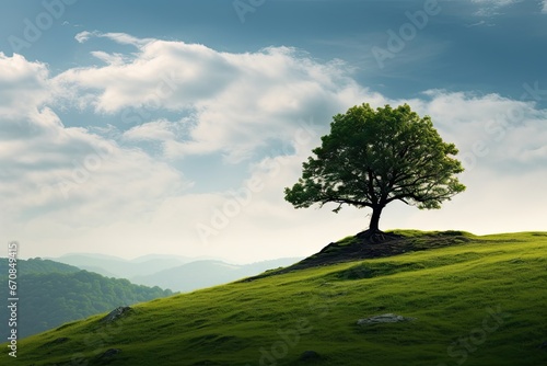 Tranquil solitude. Green landscape with trees and sunny meadows. Nature serenity. Peaceful tree lined meadow under clear sky. Rural tranquility. Sunlit with verdant and fields © Bussakon