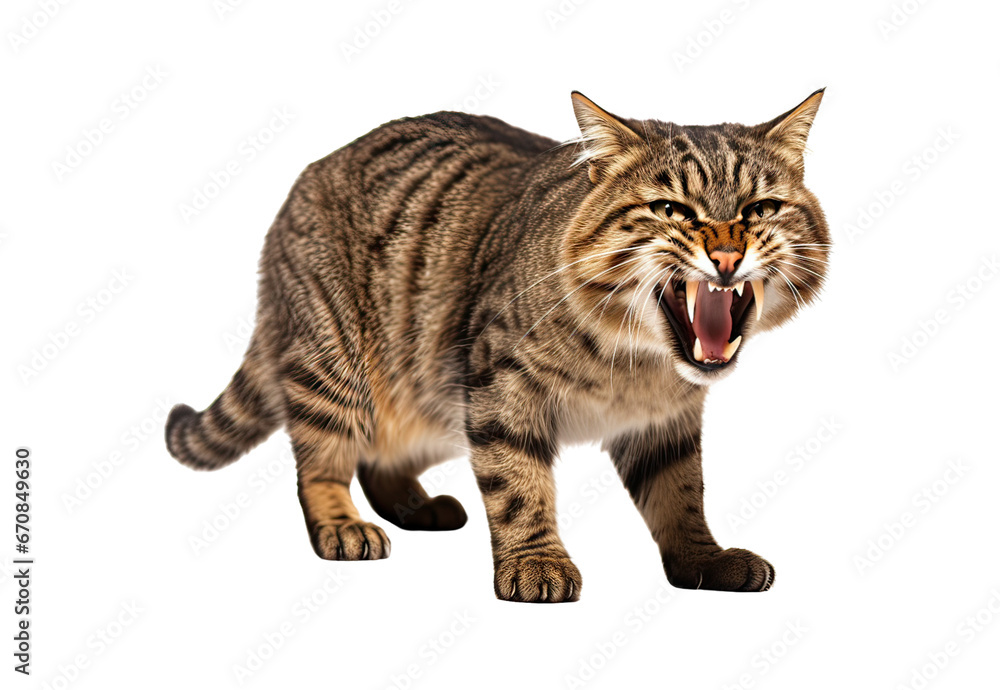 Angry adult tabby cat hissing and showing teeth on white background Angry adult tabby cat hissing and showing teeth on white background