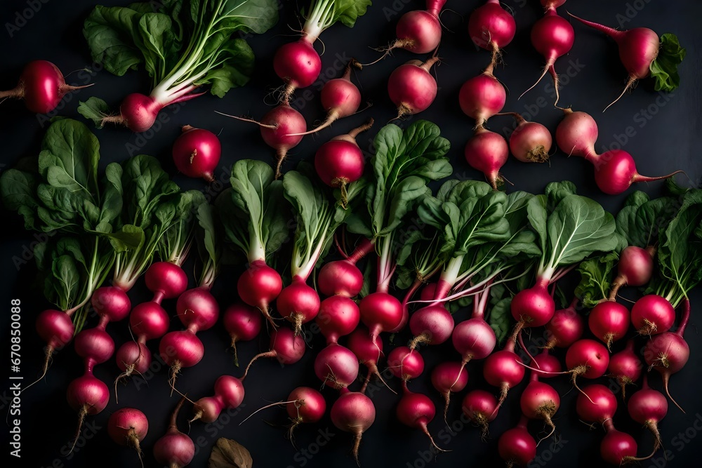 An arrangement of recently plucked radishes with their greens. An arrangement of recently plucked radishes with their greens.