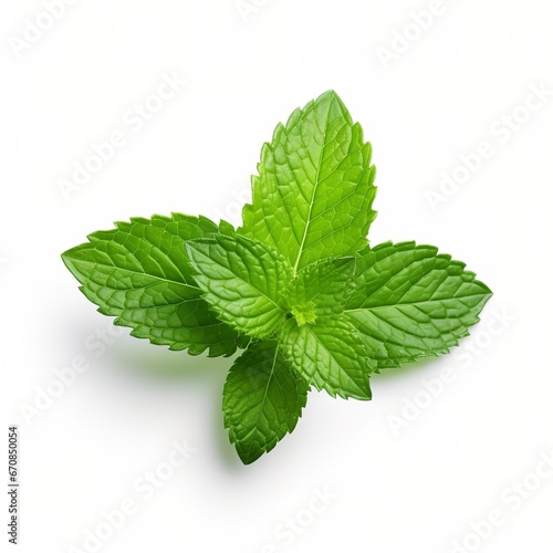 A close-up of a mint leaf on a white background. Generative Ai.