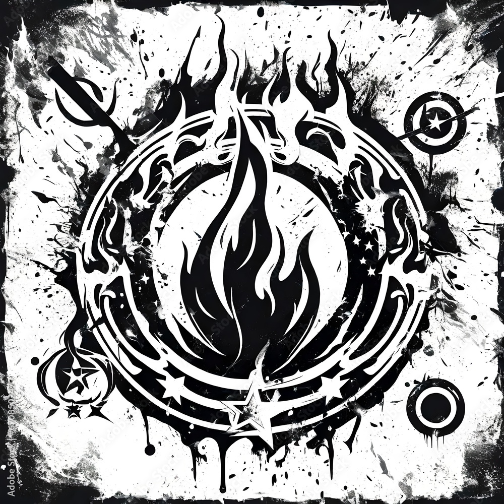 A vector style illustration of a grunge flames logo in black and white A vector style illustration of a grunge flames logo in black and white