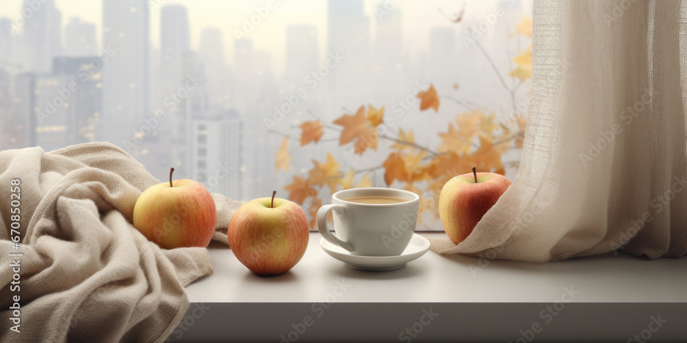 Cup of hot coffee ,apples, knitted scarf, on the window age with autumn scene outside, Cup of hot coffee ,apples, knitted scarf, on the window age with autumn scene outside,