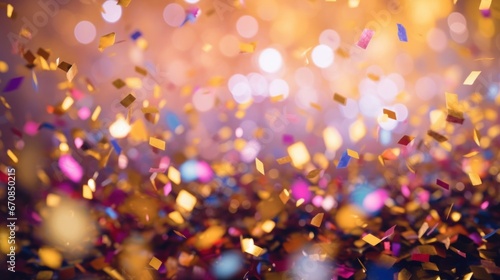 A festive and colorful party with flying neon confetti on a golden background