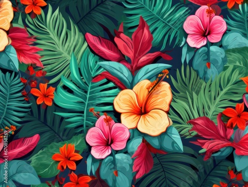 Vibrant ornaments, tropical flowers, and bright colors