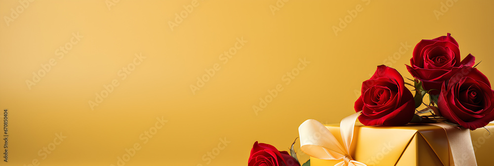 Beautiful red roses and gift box on yellow background, flat lay with space for text. Valentine's Day celebration on a yellow background, advertising banner, web banner, Generative AI Beautiful red roses and gift box on yellow background, flat lay with space for text. Valentine's Day celebration on a yellow background, advertising banner, web banner, Generative AI