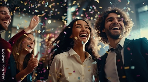 Group of beautiful young people throwing colorful confetti while dancing and looking happy