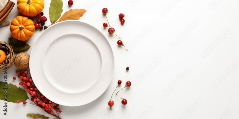 Thanksgiving card mockup with plate, pumpkins on white background, top view Thanksgiving card mockup with plate, pumpkins on white background, top view