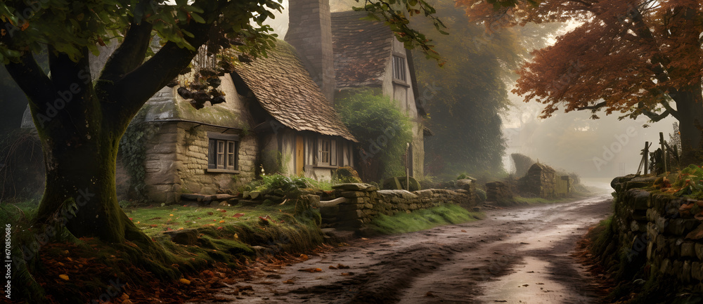 Rural landscape with an ancient European hut 7