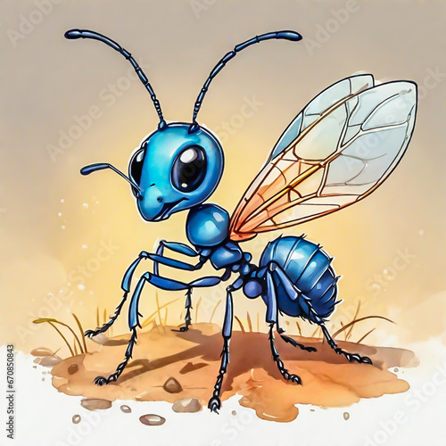 Cute little ant cartoon in watercolor painting style.