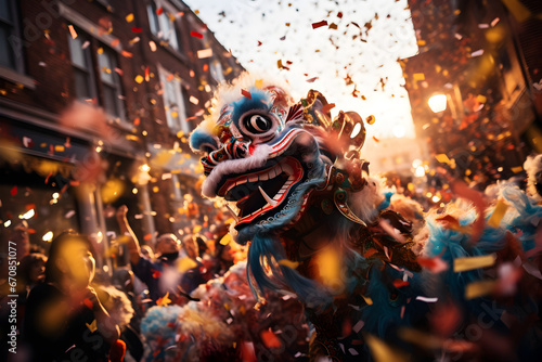 Dragon Dance Delight  A vibrant parade filled with the rhythmic movements of a dragon dance. Spectators wear traditional clothing  and the dragon weaves through a sea of confetti. 