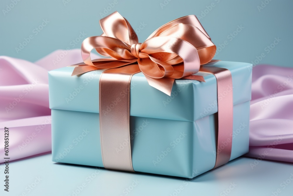 Obraz premium Pastel lavender cardboard box with a pastel turquoise bow, representing a thoughtful and elegant gift package, Generative AI