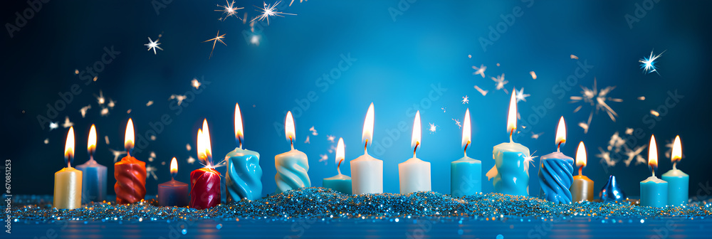 Close-up of candles against dark blue background, advertising banner, web banner, Place for your text, copy space, empty space, Generative AI Close-up of candles against dark blue background, advertising banner, web banner, Place for your text, copy space, empty space, Generative AI