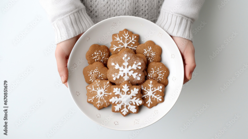 Close up of a person holding a plate of Christmas cookies - obrazy, fototapety, plakaty 