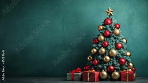 Christmas tree with red balls on green grunge wall