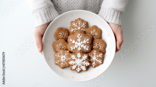 Close up of a person holding a plate of Christmas cookies