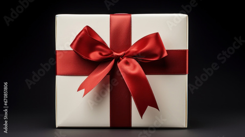 White gift box with red ribbon on black background