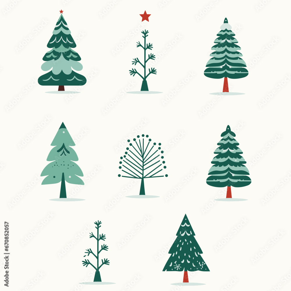 Obraz premium Christmas Winter holiday flat illustration Christmas tree boho Hand drawn Christmas trees vector pattern . Green fir trees