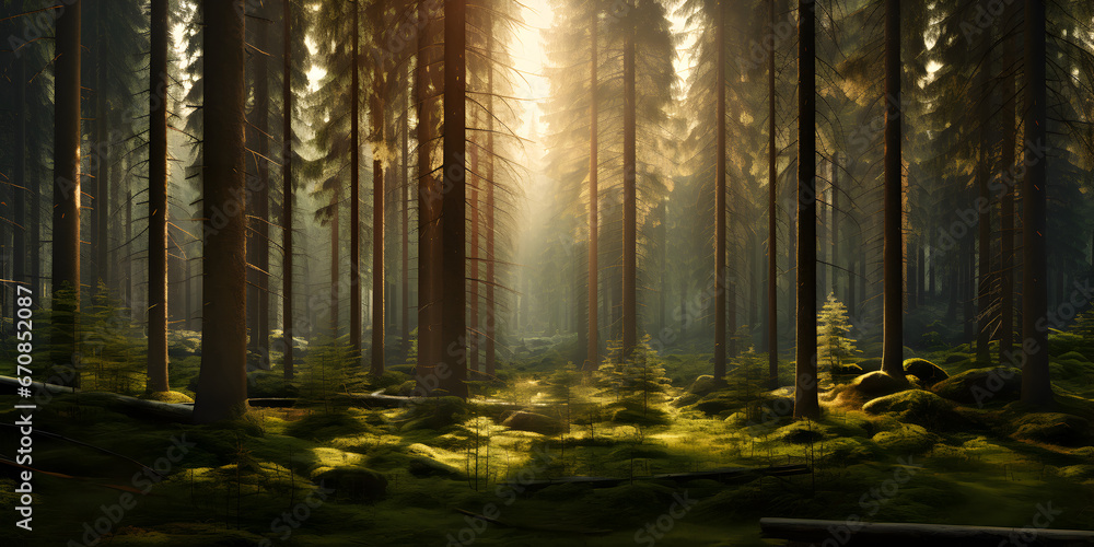 Obraz premium sunlight behind spruce forest background