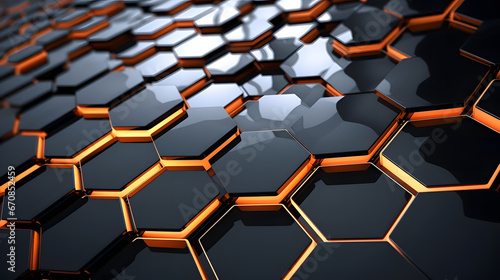 3D Metal honeycomb pattern background with glowing orange light. Hexagonal pattern with glowing orange light 