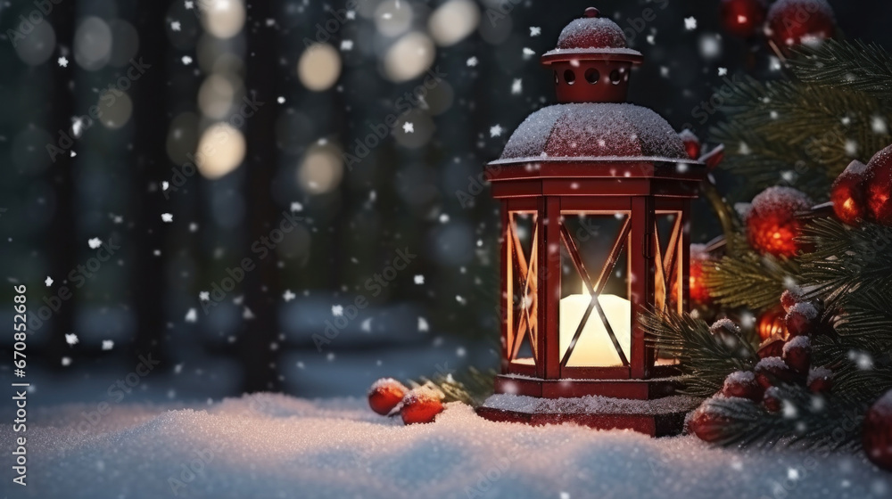 Red Christmas lantern on snowy wooden table with fir branches and ornaments. Red Christmas lantern on snowy wooden table with fir branches and ornaments.