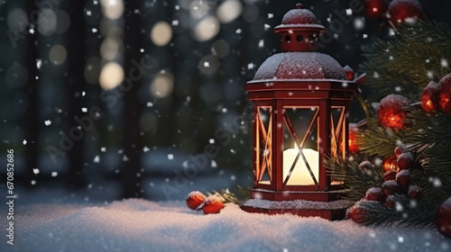 Red Christmas lantern on snowy wooden table with fir branches and ornaments.
