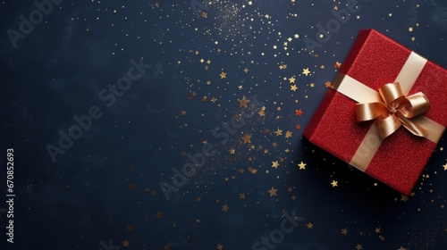 Red Christmas gift box on dark background. Top view.