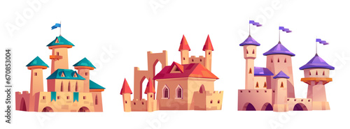 Fairytale medieval royal castle with flags on towers, windows and gates. Cartoon vector illustration set of ancient palaces or fortresses architecture with stone walls for kings, queens and princess.