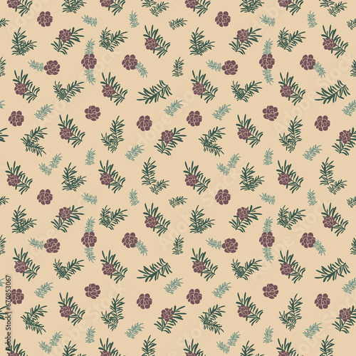 Seamless pattern with cones and Christmas tree branch