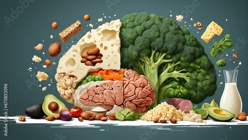 An illustration of a brain composed of various types of food, including vegetables, nuts, and dairy products, set against a dark background photo