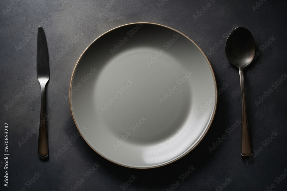 Top view of an empty plate with cutlery on a dark concrete background. Generative Ai. Top view of an empty plate with cutlery on a dark concrete background. Generative Ai.