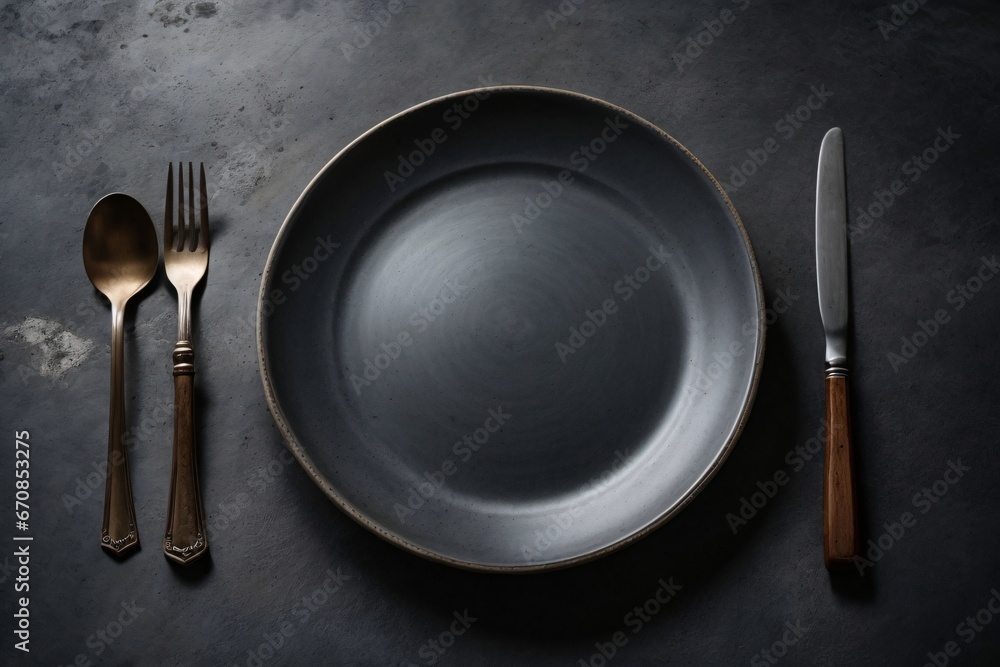 Top view of an empty plate with cutlery on a dark concrete background. Generative Ai. Top view of an empty plate with cutlery on a dark concrete background. Generative Ai.