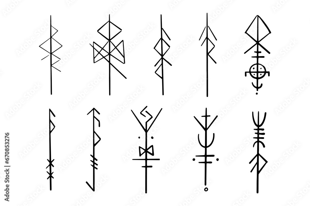 Nordic celtic runes, set norse protection symbols in doodle style, amulet, witchcraft signs on white background. - obrazy, fototapety, plakaty 