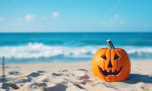Beach Halloween party with a pumpkin Jack o lantern on the background