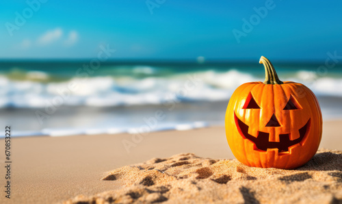 Beach Halloween party with a pumpkin Jack o lantern on the background © Vodkaz