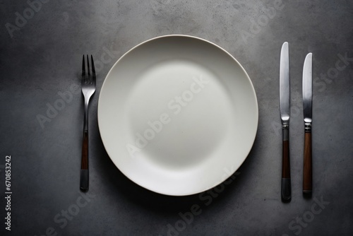 Top view of an empty plate with cutlery on a dark concrete background. Generative Ai. photo