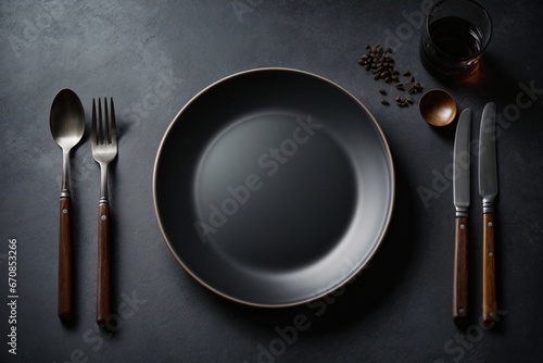 Top view of an empty plate with cutlery on a dark concrete background. Generative Ai.