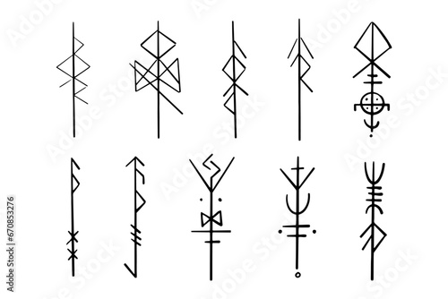 Nordic celtic runes, set norse protection symbols in doodle style, amulet, witchcraft signs on white background. photo