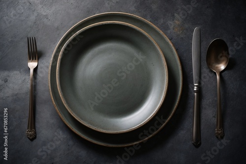 Top view of an empty plate with cutlery on a dark concrete background. Generative Ai.