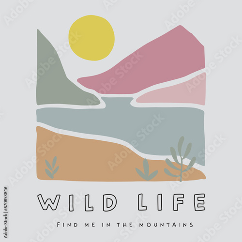 free vector mountain sunt  modern minimal T-shirt design.