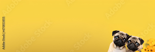 Two dogs on a yellow background, advertising banner, Place for your text, copy space, empty space, Generative AI